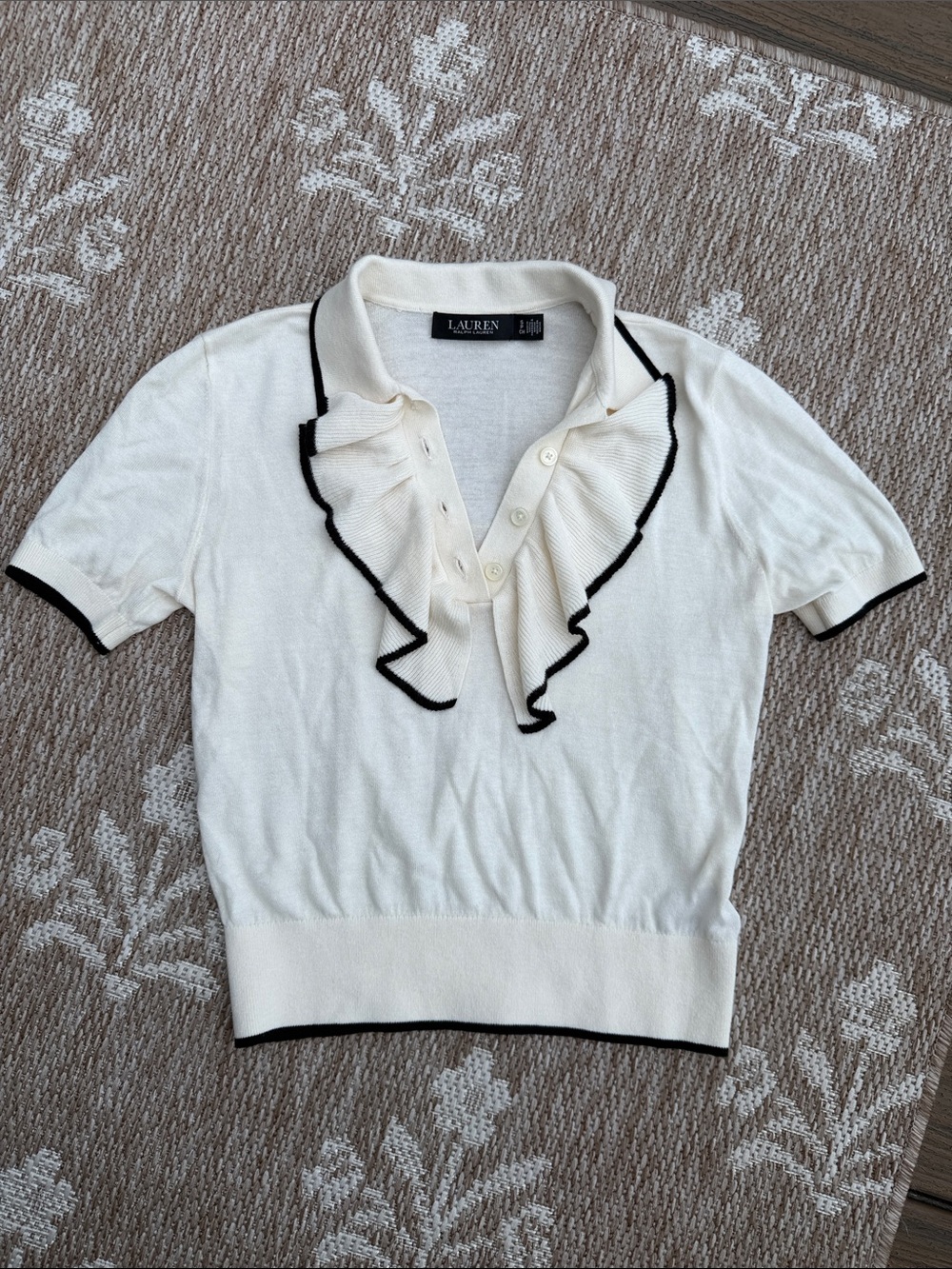 Ralph Lauren Cream Short-Sleeve Ruffle Polo with Black Trim